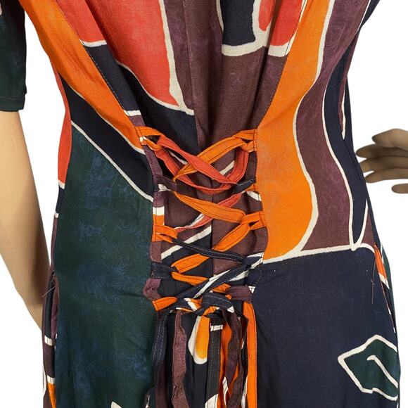 Vtg 90s Afghan by Blue Sky Boho Hippie Tie Dye Batik Lace Up Midi Dress SZ L - Picture 5 of 10